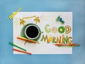 Good morning coffee and alarm clock concept. Cup of coffee with hand drawn alarm clock Royalty Free Stock Photo