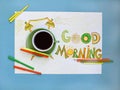 Good morning coffee and alarm clock concept. Cup of coffee with hand drawn alarm clock Royalty Free Stock Photo