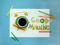 Good morning coffee and alarm clock concept. Cup of coffee with hand drawn alarm clock Royalty Free Stock Photo