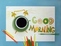 Good morning coffee and alarm clock concept. Cup of coffee with hand drawn alarm clock Royalty Free Stock Photo