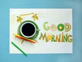 Good morning coffee and alarm clock concept. Cup of coffee with hand drawn alarm clock Royalty Free Stock Photo