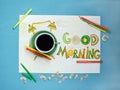 Good morning coffee and alarm clock concept. Cup of coffee with hand drawn alarm clock Royalty Free Stock Photo