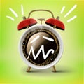 Good morning coffee and alarm clock concept. Cup on with emotion doodle face, vector Royalty Free Stock Photo