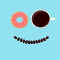 Morning coffee, wake up black coffee cup and donut as eyes with smiling coffee beans on blue background, vector illustration