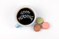 Good Morning. coffee mug and macarons biscuits Royalty Free Stock Photo