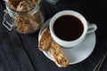 Good morning concept - cup espresso coffee with cantucci almond Royalty Free Stock Photo