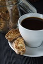 Good morning concept - cup espresso coffee with cantucci almond Royalty Free Stock Photo
