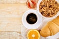 Good morning. Continental breakfast on ristic wooden background