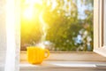 Good morning! Cup on the window with sun Royalty Free Stock Photo