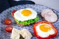 Sandwich with egg, ham, cheese, toast and salad leaves lies on a plate with tomato and dill Royalty Free Stock Photo