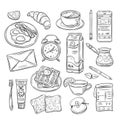 Good morning doodle. Healthy breakfast, happy mood of summer day. Sketch drawing vector set