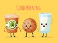 Good morning funny cartoon character, cup of tea coffee, sweet cookie biscuit and milk glass vector illustration. Drawn