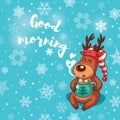 Good morning. Holiday card with cute cartoon deer in nightcap