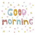 good morning. the kid draws on a white slate background. Good morning.watercolor children's inscription good morning Royalty Free Stock Photo