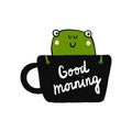 Good morning lettering cup of coffee with frog illustration black and white hand drawn in minimalistic style for