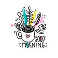 Good morning lettering. Letters in comic style with cup of coffee. Royalty Free Stock Photo