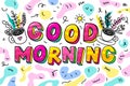 Good morning lettering. Letters in comic style with cup of coffee. Royalty Free Stock Photo