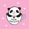 Good morning. Little cute panda in a cup with heart. Royalty Free Stock Photo