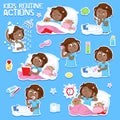 Sweet little black girl with dark brown hair and her daily routine actions Royalty Free Stock Photo