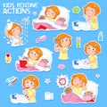 Sweet little girl with ginger hair and her daily routine actions Royalty Free Stock Photo
