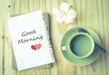 Good Morning on paper and green tea cup Royalty Free Stock Photo