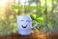 Good morning. Positive cup with smile on sunny green background of nature Royalty Free Stock Photo