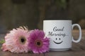 Good morning. A positive morning spirit greeting with happy smiling face emoticon concept coffee cup with two soft pink flowers. Royalty Free Stock Photo