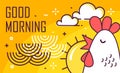 Good Morning poster with rooster, sun and waves on yellow background. Thin line flat design. Vector