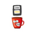 Good morning quote with cute red coffee cup character and speech bubble isolated white background. Vector good morning Royalty Free Stock Photo