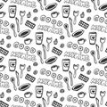 Good morning seamless pattern. Vector seamless pattern with doodle tea cups, plate, chocolate, spoon and fork, cakes. Hand drawn