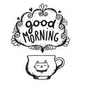 Good morning sketch with cup of coffee and cat Royalty Free Stock Photo
