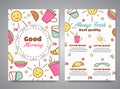 Good Morning slogan on brochure. Breakfast menu for cafe illustration. Always fresh text. Cafe, bakery concept. Coffeee