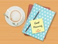 Good morning and smile on blank paper with coffee cup Royalty Free Stock Photo