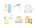 Good Morning Symbol and Attribute with Shining Sun in Window, Shower Head, Bathroom Mirror, Breakfast and Toaster with