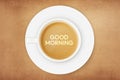 Good Morning Tea wallpaper with cup on the isolated vintage background. Royalty Free Stock Photo