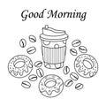 Good Morning, text. Thermocup, donuts, and coffee beans. Takeaway coffee, breakfast. Doodle Elements Vector Illustration