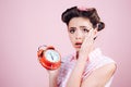 Good morning. time management. pinup girl with fashion hair. retro woman with alarm clock. Time. pin up woman with Royalty Free Stock Photo