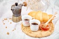 Good morning. Two cup of coffee with croissant and jam Royalty Free Stock Photo