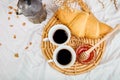 Good morning. Two cup of coffee with croissant and jam Royalty Free Stock Photo