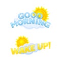 Good Morning and Wake Up Inscription with Bright Shining Sun Peeking Out from Cloud Vector Set Royalty Free Stock Photo