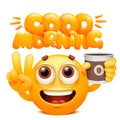 Good morning web sticker. Yellow emoji cartoon character with coffee cup. Emoticon smile face