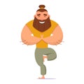 Good-natured man with beard and bump on his head doing yoga in tree pose in comfortable clothes Royalty Free Stock Photo