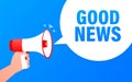 Good News megaphone blue banner in 3D style. Loudspeacker. Vector illustration. Royalty Free Stock Photo