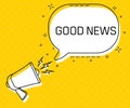 Good news. Megaphone and colorful yellow speech bubble with quote. Blog management, blogging and writing for website