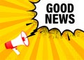 Good News megaphone yellow banner in 3D style. Loudspeacker. Vector illustration.