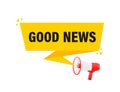 Good News megaphone yellow banner in 3D style on white background. Vector illustration. Royalty Free Stock Photo
