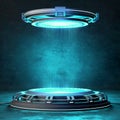 Futuristic sci fi scene featuring a glowing blue platform and hovering disk Royalty Free Stock Photo