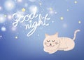 Good night, calligraphy, sweet dream greeting card background cover template decoration, adorable kitten sleeping under magic