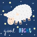 Good night card. Cute hand drawn sheep in cartoon style. vector print