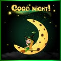 Good night card with cute little witch sitting on the moon on night sky background Royalty Free Stock Photo